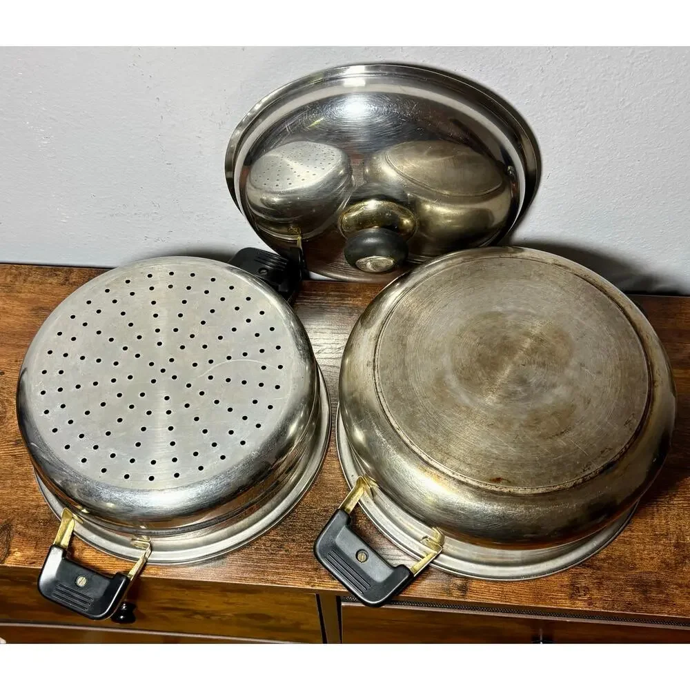 Vintage Sunhak Stainless Steel Lesstopia 3 Piece Steamer & Stock Pot 5 Qts